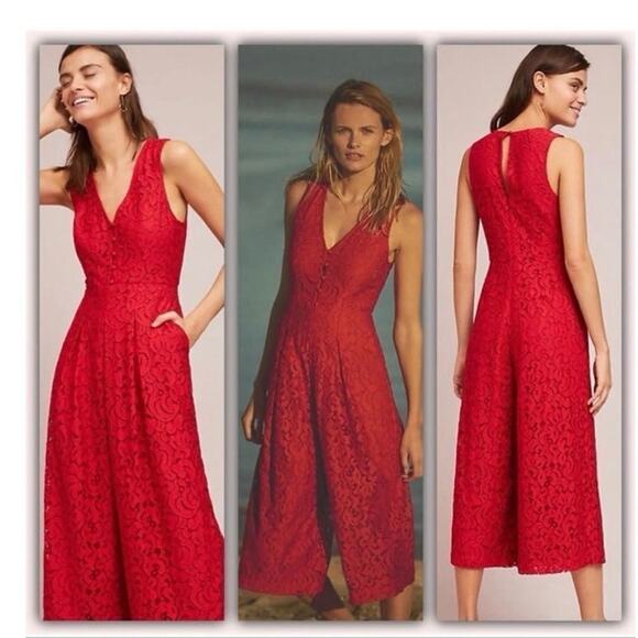 Anthropologie Moulinette Soeurs Red Lace Jumpsuit – Size 8 - Picture 13 of 13